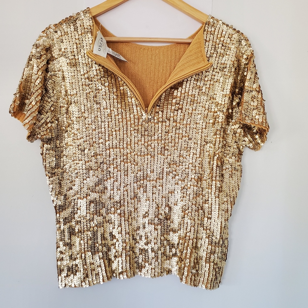 VINTAGE OSCAR DE LA RENTA Sz L Gold Sequin Short Sleeve Sweater Top Zip GLITZY - Picture 12 of 16